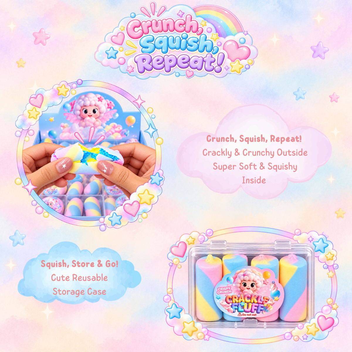 Crackle Fluff Rainbow Marshmallow Squishy – 4 Piece Set