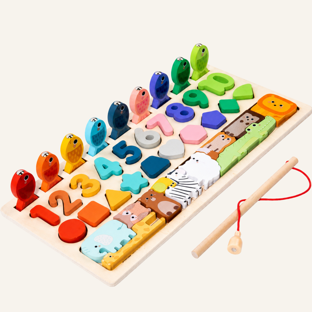 Montessori Wooden Magnetic Fishing, Numbers & Shapes Puzzle Board