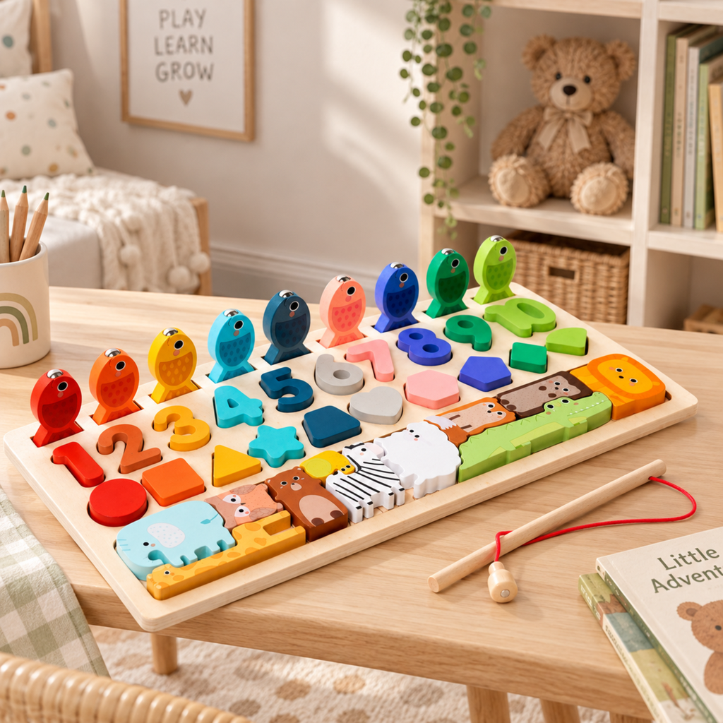Montessori Wooden Magnetic Fishing, Numbers & Shapes Puzzle Board