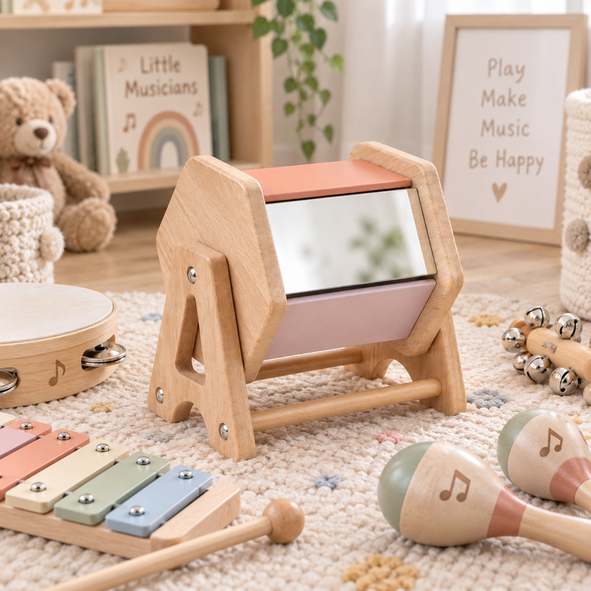Montessori Wooden Rotating Sensory Drum with Mirror – Musical & Colour Discovery Toy