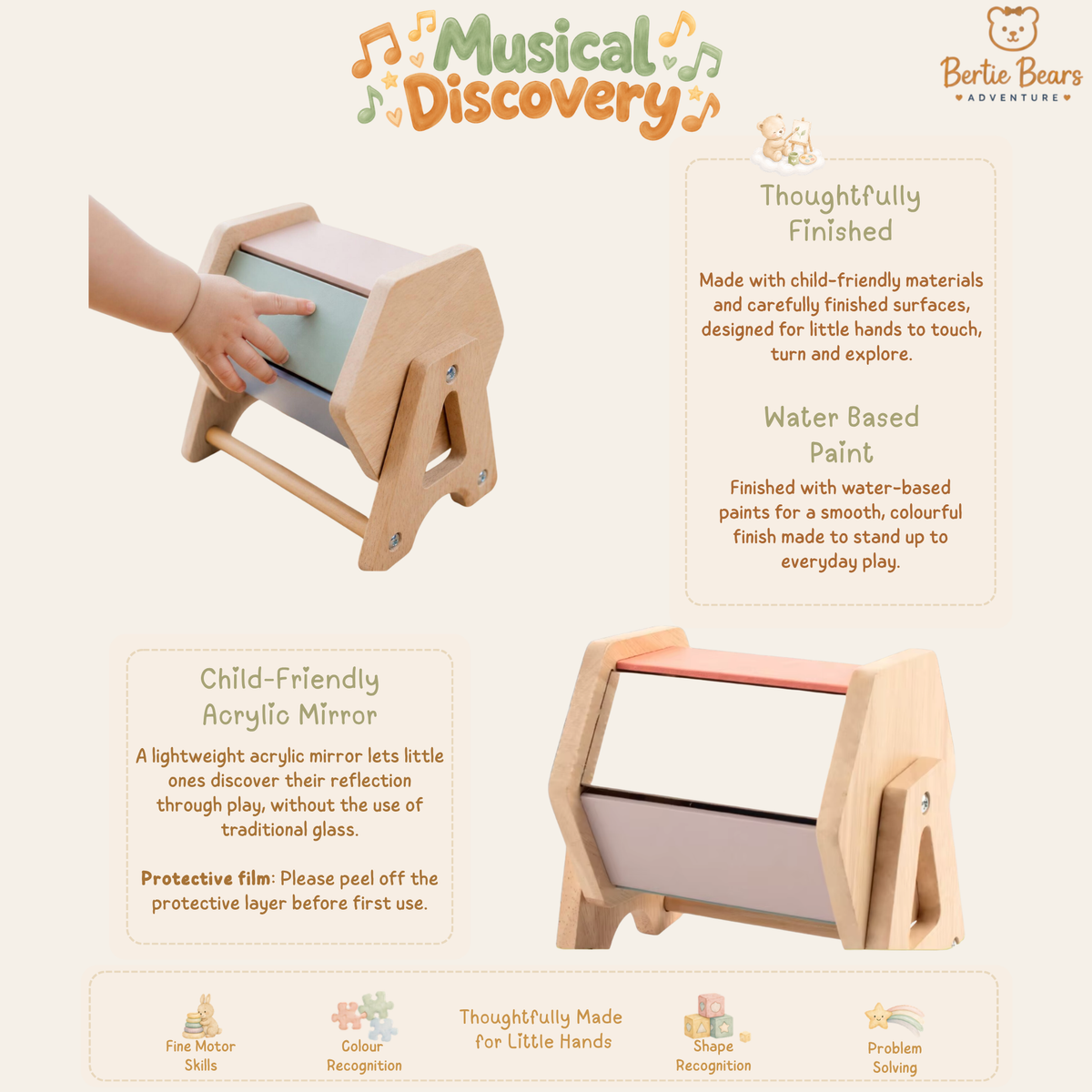 Montessori Wooden Rotating Sensory Drum with Mirror – Musical & Colour Discovery Toy