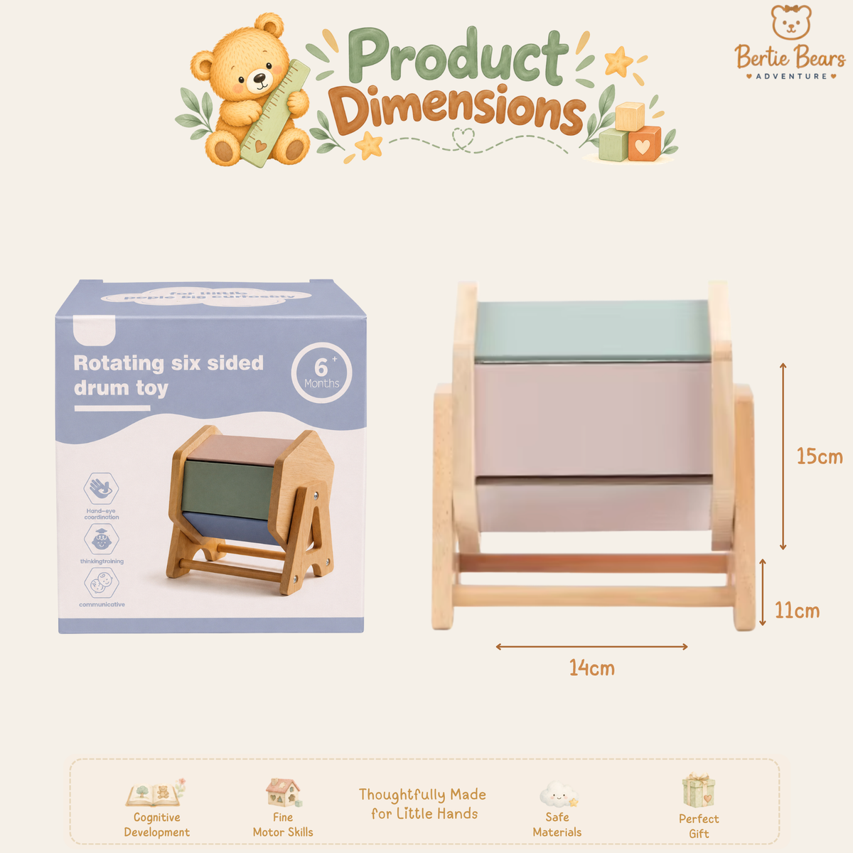 Montessori Wooden Rotating Sensory Drum with Mirror – Musical & Colour Discovery Toy