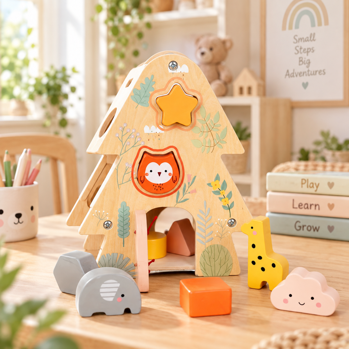 Montessori Wooden Tree House Shape Sorter & Activity Toy